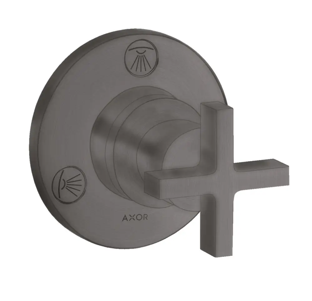 Unterputzventil mit Kreuzgriff in Brushed Black Chrome, hergestellt von AXOR. Enthält Symbole zur Steuerung der Wasserzufuhr.